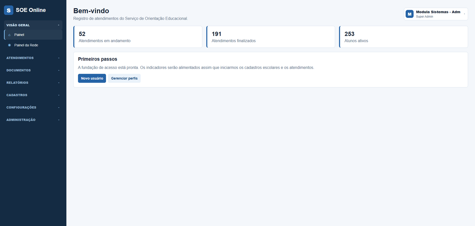 Dashboard inicial do SOE Online com indicadores de atendimentos e alunos ativos