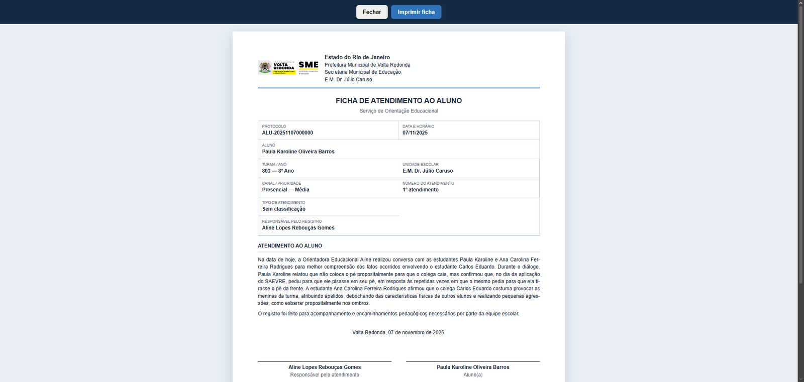 Ficha impressa de atendimento ao aluno gerada pelo SOE Online